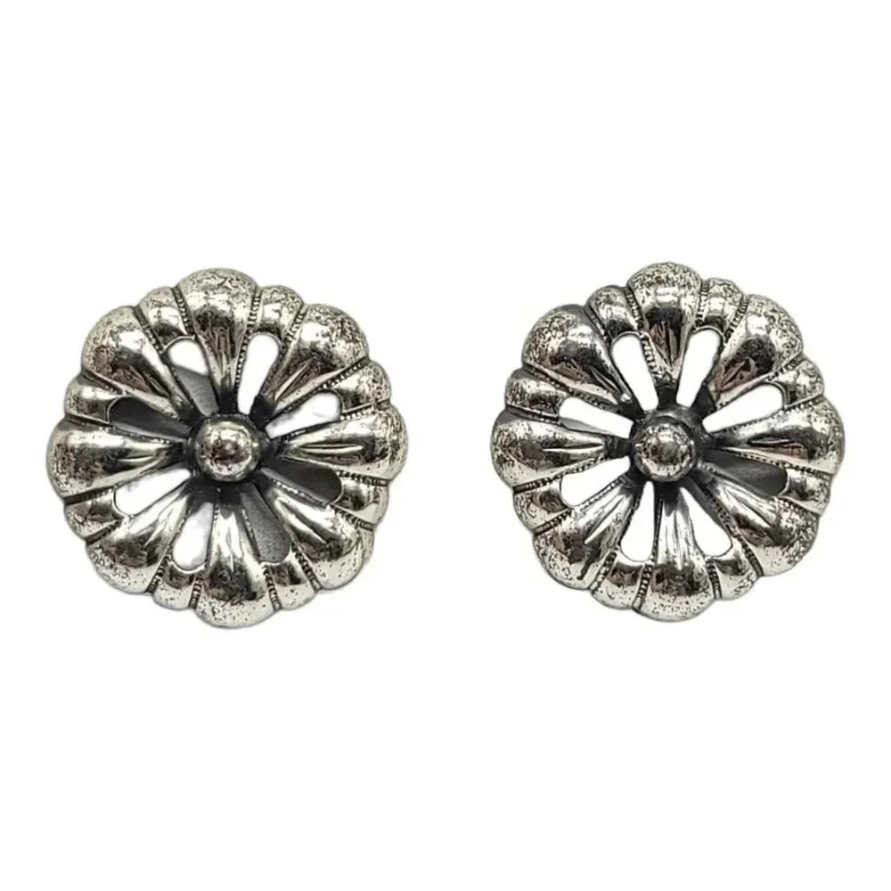 Sterling Silver Flower Open Metal Hand Screw On Earrings Vintage